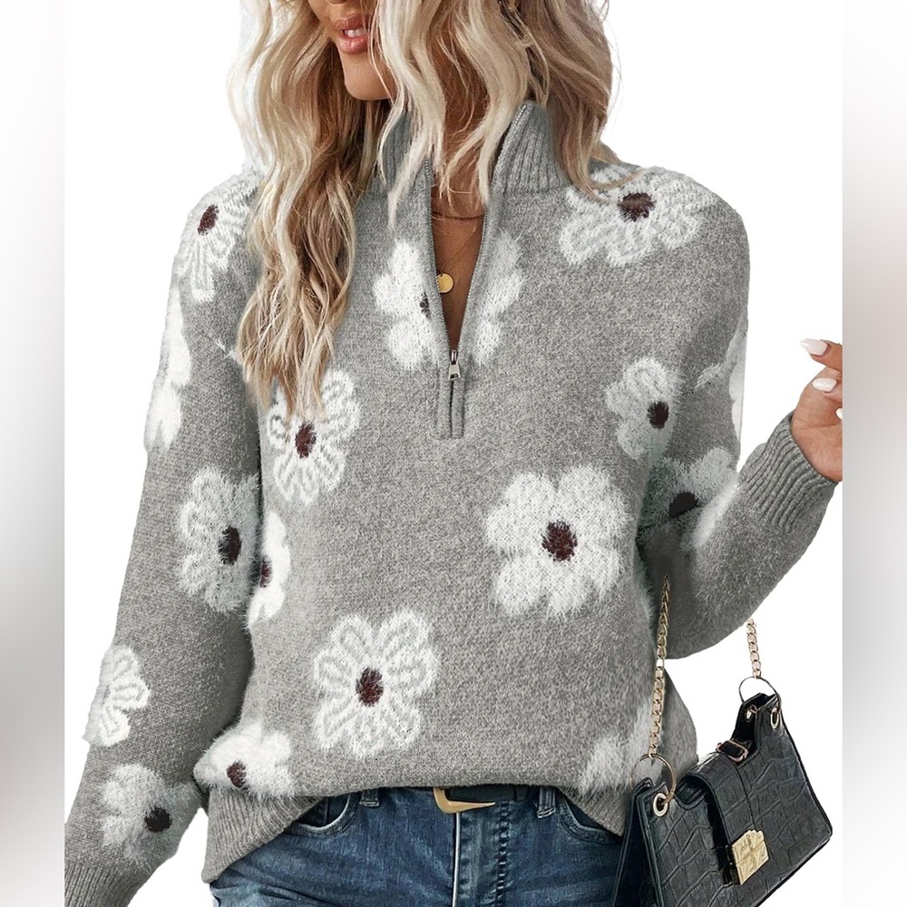 SHEIN Gray Floral Turtleneck Sweater